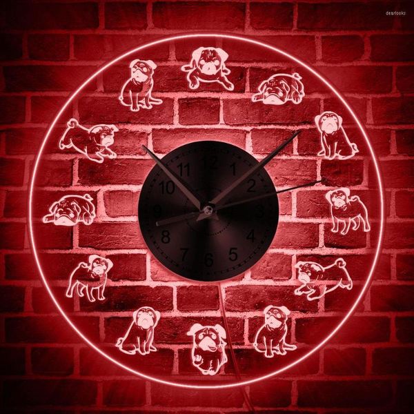 Orologi da parete Orologio adorabile per cani Carlini dei cartoni animati Insegna al neon a LED Acrilico illuminato Grande regalo per gli amanti dei carlini Fresco arredamento per interni del soggiorno