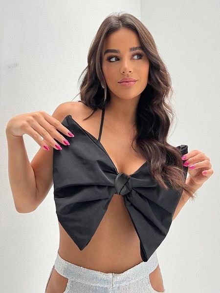 Женские танки сексуально Halter Big Bow Top Bustier Black Crop For Women 2023 Summer Y2K Одежда. Кассовые пляжные каникулы Cami Femme Club Wear