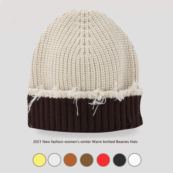 Mützen Beanie/Totenkopfkappen 2023 Mode Damen Wintermütze mit Nahtfarbe Weiblich Gestrickte weiche gestreifte Kaschmirmütze Panama