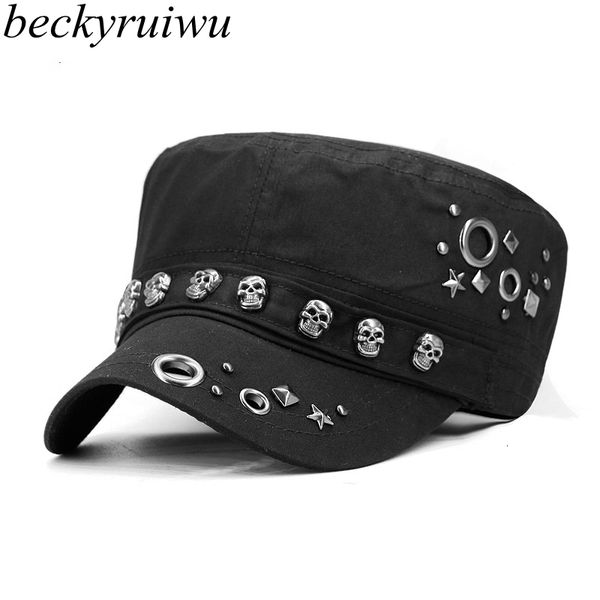 Bola Caps Beckyruiwu Adulto Hip Hop Punk Rock Crânio Rebite Flat Peaked Chapéus Homens Grande Tamanho Equipado Bonés de Beisebol 56-58cm 60-62cm 230306