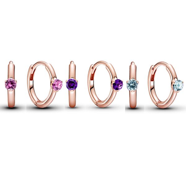 925 Argento Fit Pandora Orecchini Cristallo Moda donna Gioielli Regalo Orecchini a bottone Solitario Huggie Orecchino a cerchio con cristallo rosa viola blu