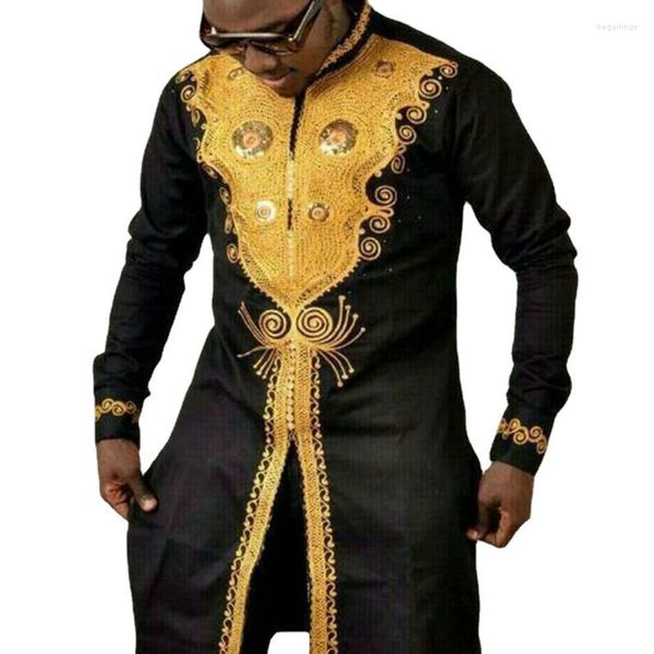 Ethnische Kleidung, afrikanisches Dashiki-Druck-Hemd, lange Tunika-Ärmel, traditionelle Herren-Knopf-Split-Gold-Tops, metallischer Kaftan-Hochzeitsanzug