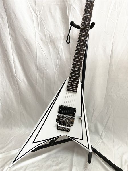 Custom Swallowtail Double Pendulum 24 Tasti Chitarra elettrica White Body Black Stripe Chrome Tremolo Bridge