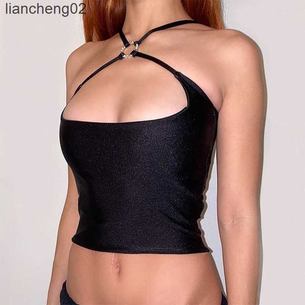 Malhas femininas Teses Sexy Black Crop Top Solid Cut Out Out Slim Rave Party Clubwear