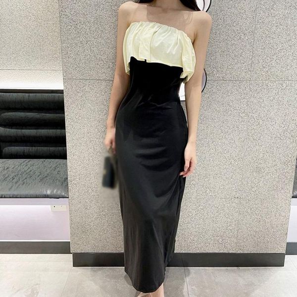 Повседневные платья лето женщины сексуальное платье квадратное плечо расщепленное вилка рюша корейский стиль дизайн моды чувства средней длины узкая юбка
