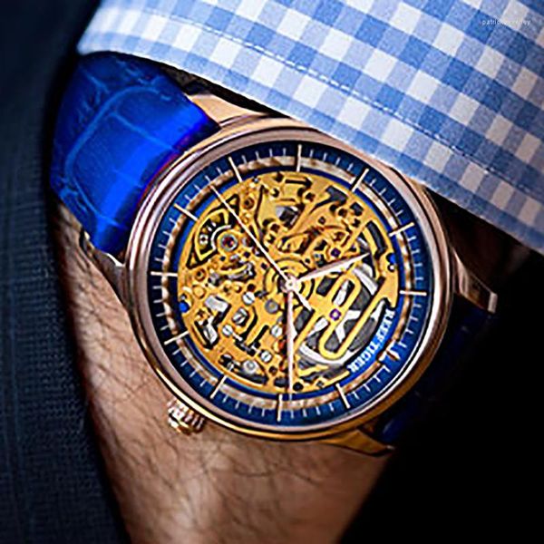 Armbanduhren Reef Tiger/RT Einzigartige Skeleton Designs Uhr Männer Automatische Mechanische Lederband Rose Gold Ultra Dünne Uhren