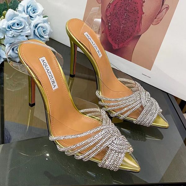 Sandálias Aquazzura decoração com strass top designer salto alto PVC slide sapatos de casamento sexy tira no tornozelo sandália sola de couro real