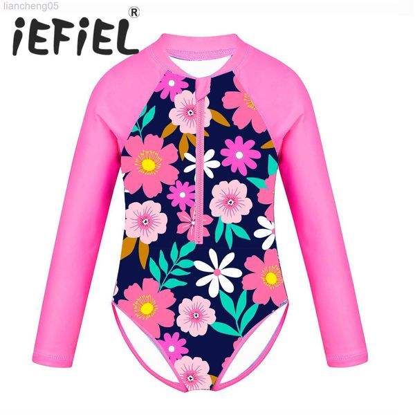 Costumi interi Bambini Ragazze Bambini Costumi da bagno Costumi da bagno Maniche lunghe Palmo stampato Costume da bagno con cerniera Bambini Nuoto Costume da bagno Rash Guard W0310