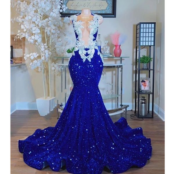 Plus Size Royal Blue Sparkly paillettes Abiti da ballo Appliques di pizzo Abiti da sera a sirena 2021 Elegante abito da donna con collo alto
