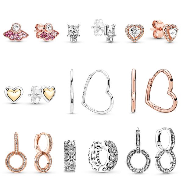 925 Silver Fit Pandora Earrings Crystal Fashion women Jewelry Gift Ear Studs Big Heart Shape Diy Gold Color Clear Crystal