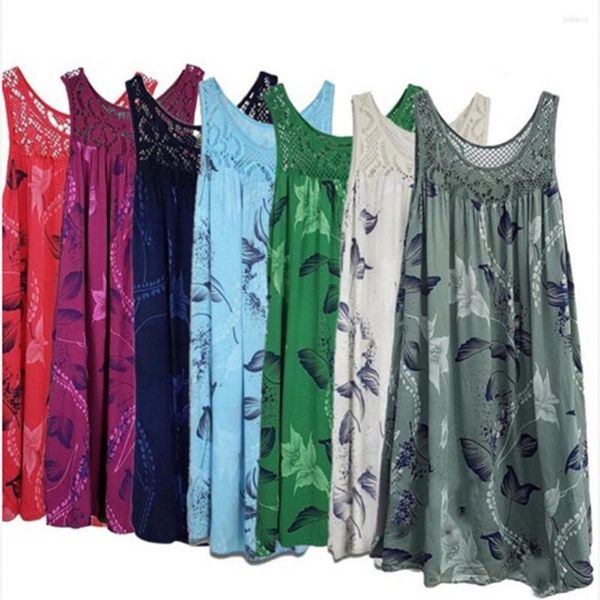 Vestidos casuais 70% vendem costura de renda floral costura de renda o-gola sem mangas Mulheres de verão Vestido de tanque solto