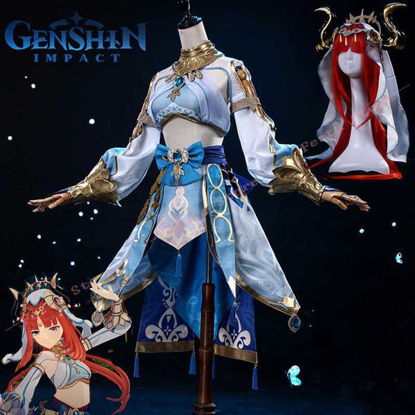 Costumi Anime Gioco Genshin Impact Nilou Abito Cosplay Parrucca Sumeru Ballerino Capelli Rossi Forcine Corna Velo Autoadesivo Del Tatuaggio Braccialetto Gonna Accessori Z0301