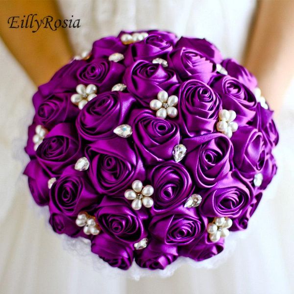 Fiori matrimonio EillyRosia Bouquet da sposa viola Perle Gioielli Cristalli Corallo blu rosso Spilla a colori personalizzata