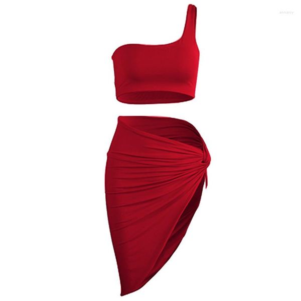 Lässige Kleider Rot Asymmetrische Mode 2023 Sommer Chic 2 Stück Röcke Anzug Single Camisole Eine Linie Mini Weibliches Kleid Rüschen Vestidos