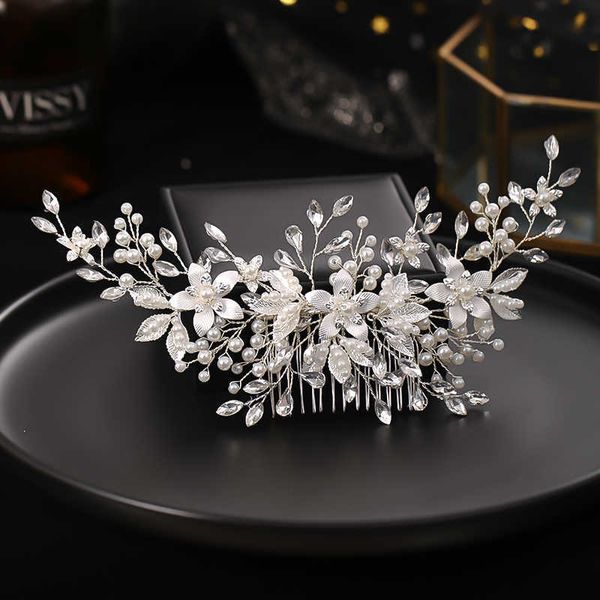 Tiaras feita à mão prata cor de flor de cabelo pente pearl shinestone flor acessórios para mulheres acessórios de casamento noiva tiara r230306