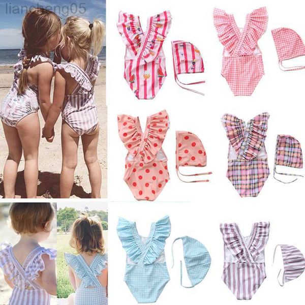 Pieces crianças roupas de banho retro listradas um pedaço de maiô meninas com chapéu 2 ~ 8y Criança bebê meninas roupas de banho maiôs de banho de banho de praia W0310