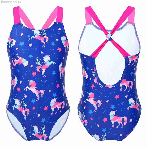 Costume intero da bambina senza maniche con spalline larghe Zaffiro Costume da bagno intero per bambine con stampa di cartoni animati Costume da bagno da spiaggia per bambini W0310