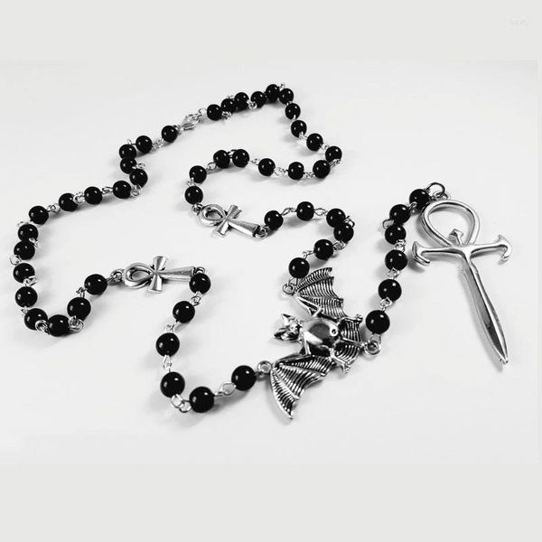 Collane con ciondolo Vampiro Ankh Perline Collana a catena Rosario Occulto Vamp Goth Pipistrello Trad egiziano Gioielli Regalo fatto a mano