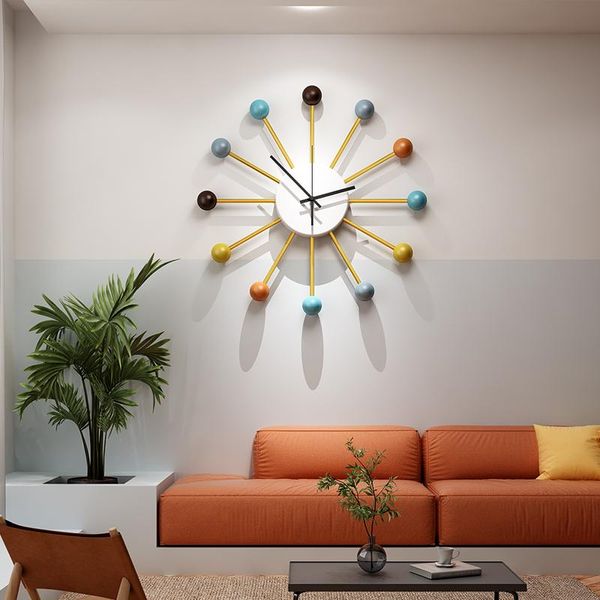 Relógios de parede Relógio de ferro forjado Bola de relógio Sunburst Silent Watch Design moderno Auto adesivo Big Horloge Clockswall