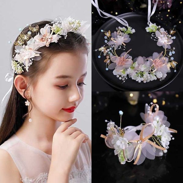 Tiaras Rosa Weiße Blume Schleier Stirnbänder Armband Perle Kristall Haar Hand Ranken Schmetterling Band Hochzeit Gold Haarschmuck Schmuck R230306