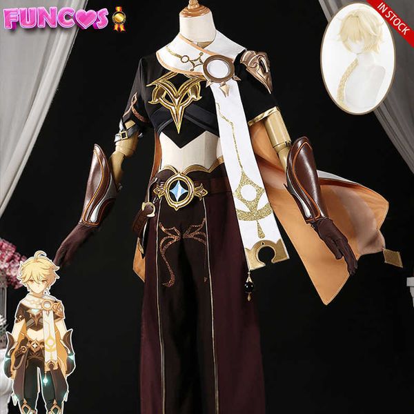 Anime Kostüme Genshin Impact Aether Cosplay Come Traveler Light Gold Braid Perücke Umhang Schal Handschuhe Gürtel Ohrring Hosen Haarschmuck Spiel Z0301