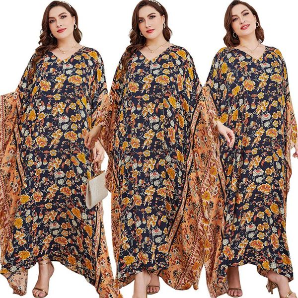 Roupas étnicas Vestido de impressão floral de grandes dimensões abaya para mulheres Batwing Sleeve Vestado em vos de caftan dubai árabe vestes turcos vestidos muçulmanos longos