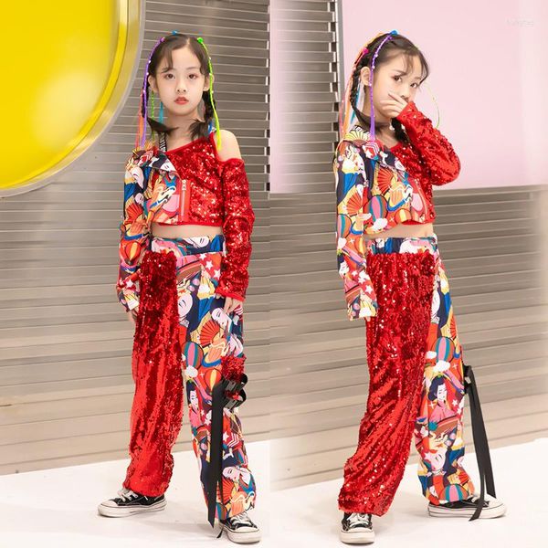 Abbigliamento da palcoscenico Costumi di danza hip-hop per bambini Abiti da marea per ragazze Paillettes jazz Prestazioni in stile cinese nazionale DQS7135