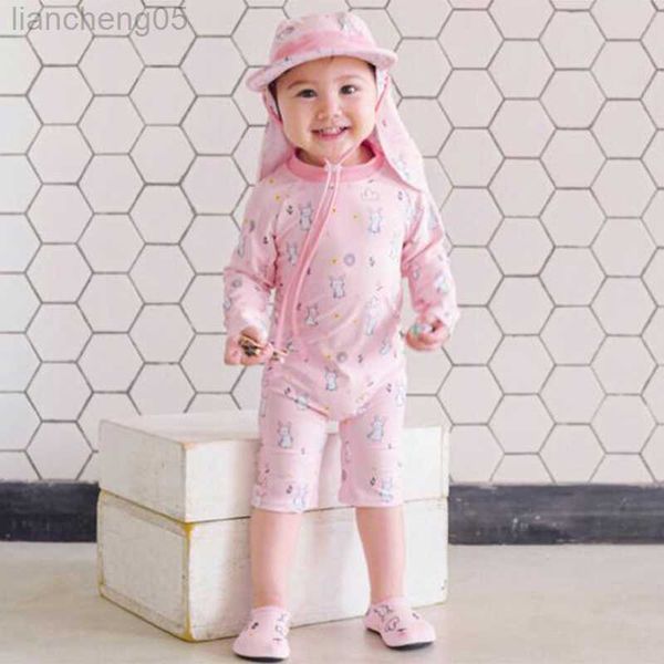 Einteiler Niedlicher Kaninchen-Kind-Mädchen-Badeanzug Langarm-Tier-Kinder 1-6 Jahre Baby-Mädchen-Rosa-Badebekleidung Neuer Stil Bebes Bathwears W0310