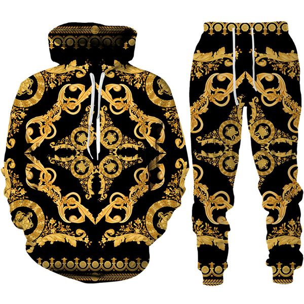 Erkek Trailsits Barok Style 3D Baskılı Baskılı Altın Zincir Hoodiepantssuit Sıradan Erkekler Pullover Sweatshirt Sweatshirt Sweatshirt Sports giyim eşya seti 230303