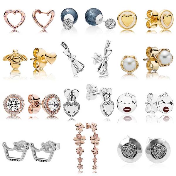 925 Silber für Pandora-Ohrringe, Kristall, modischer Damenschmuck, Geschenk, Ohrstecker, Eleganz, goldene Biene, Vorhängeschloss-inspirierte Liebesschlösser, brillante Schleife