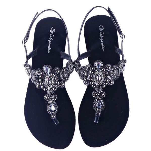 Sandalet Yaz Kadınlar Plaj Topuk Sandalet Lady Retro String Boncuk Ayakkabı Mujer Boho T-Strap Flops Diamond Ebeveyn-Çocuk Terlik Plus Boyut 230306