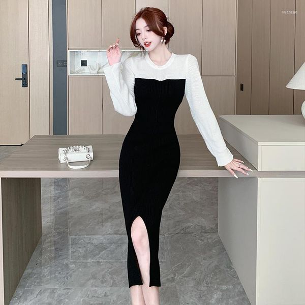 Casual Kleider Herbst Winter Koreanische Frauen Vintage Langarm Gestrickte Split Kleid Elegante Damen Bodycon Weiß Schwarz Patchwork