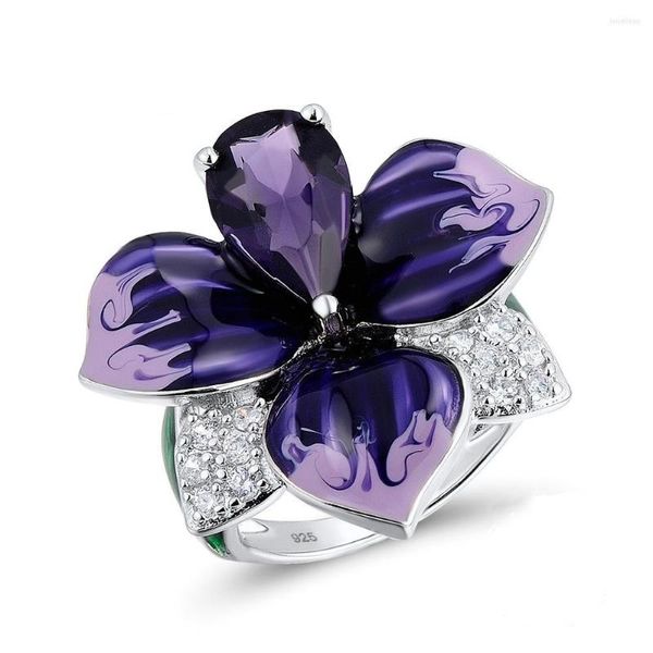 Fedi nuziali Donna Trendy Vintage Petalo Fiore Smalto fatto a mano Big Purple Zircon Cocktail Finger Ring Gioielli di moda