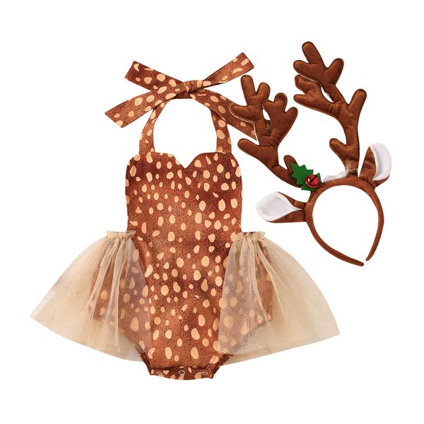 Giyim setleri doğan bebek kız kız Noel geyik kıyafetleri bodysuits genel tulum Noel kıyafetleri kostüm boynuzları kafa bandı kıyafetleri 024m 230303