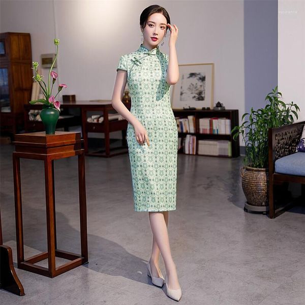 Abbigliamento etnico Estate Donna Stampa verde chiaro Qipao cinese Manica corta Sexy Cheongsam a spacco alto Taglia M-4XL