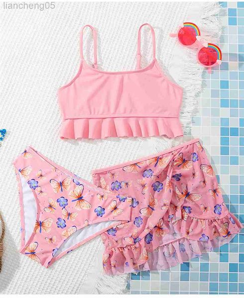 Pieces 3 PCs Summer Falbala Girls Kids Kids Swimsuit Lace Deco Prind Children Kids Biquíni Conjunto 2022 Baby Girl Swimwear Salia de banho venha W0310