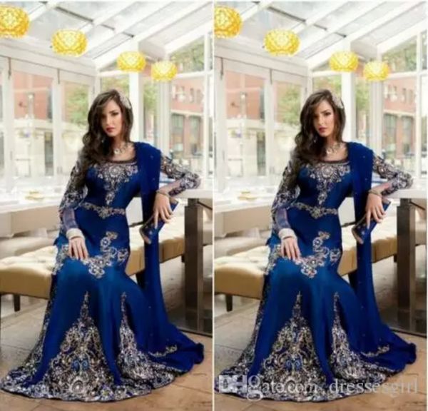 Abiti da ballo arabi musulmani di cristallo di lusso blu royal con applicazioni in pizzo Abaya Dubai caftano abiti da sera formali lunghi plus size BA0718