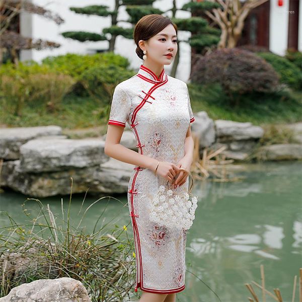 Roupas étnicas mulheres moda cetim de manga curta lazer cheongsam vestido de festa noturna sexy retro chineses tradicionais elegantes bodycon qipao