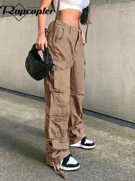 Pantaloni da donna Capris Rapcopter Jeans cargo con tasche grandi arricciate Pantaloni sportivi a vita bassa retrò Marrone chiaro Moda Streetwear Pantaloni da jogging in denim Donna 230303