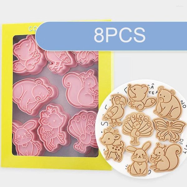 Moldes de cozimento 8 PCs/conjunto Florest Animal Cookie Cutters Plástico 3D Cartoon Postral Pressível Carimbo Cozinha Biscoito Bakewar J6V7