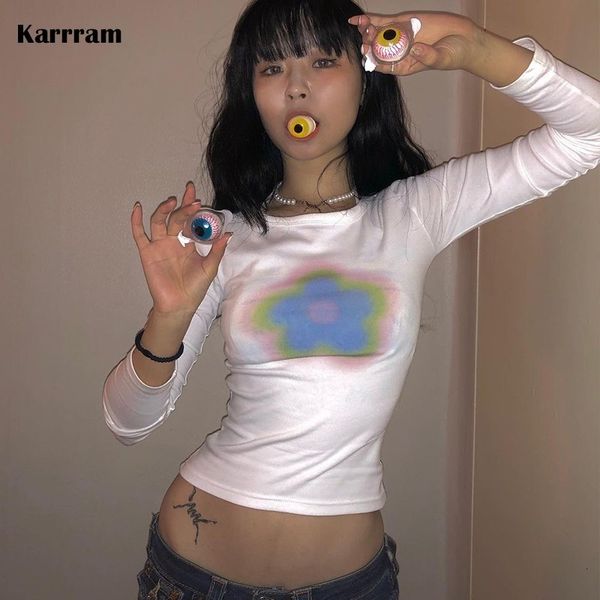 T-shirt feminina Karrram Y2K CLOT CROP TOPS TOPS DE MANAGEM LONGA MANAGEM GRAFIENTE DE CLATE DA CAMISA Fairycore Roupas Grunge Roupas Korean Fashion Streetwear 230303