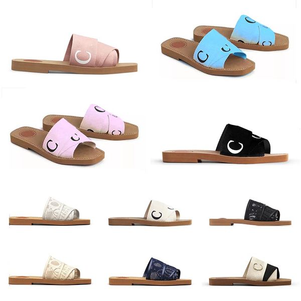 sandali Woody da donna Ciabatte piatte eur35-42 Marrone chiaro beige bianco nero rosa blu pizzo Lettering Tessuto tela designer pantofole da spiaggia estive da donna estive