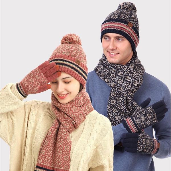 Giradas Feanie/Caveira Caps de inverno Chapéus de três peças Luvas de cachecol conjunto de chapéu feminino Menção de malha de gorro quente Menmed de lã de lã de lã