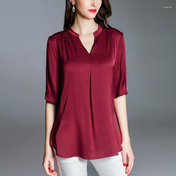 Damenblusen, Sommer-Frauen, weiblich, rot, grün, halbe Ärmel, V-Ausschnitt, lose Bluse, Top, lässig, koreanische Damen-Seidenimitation, 4XL-Tops