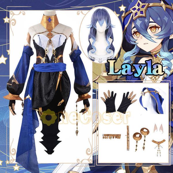 Anime Kostüme AUF LAGER Genshin Impact Layla Cosplay Come Blue Gradient Perücke Spiel Ohren Handschuhe Hut Socken Uniform Kleid Party Mädchen Frauen Z0301