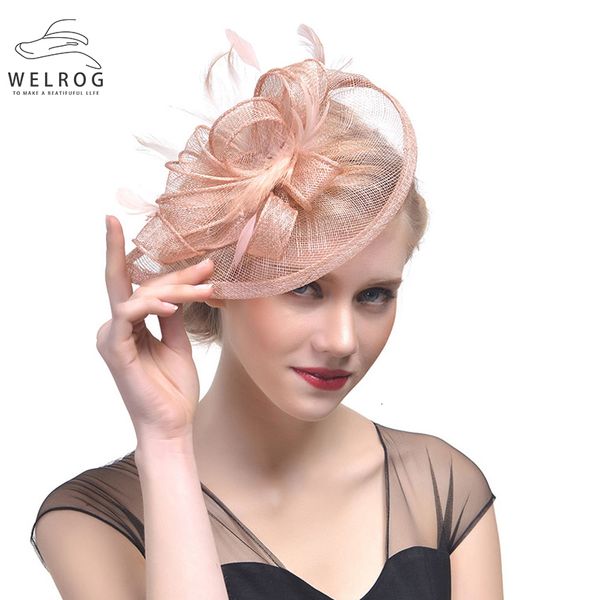 Geizige Krempe Hüte WELROG Mode Mesh Fascinators Hut Frauen Hochzeit Cocktail Tee Party Solide Blume Feder Fascinator Kopfbedeckung Haar Clip 230306