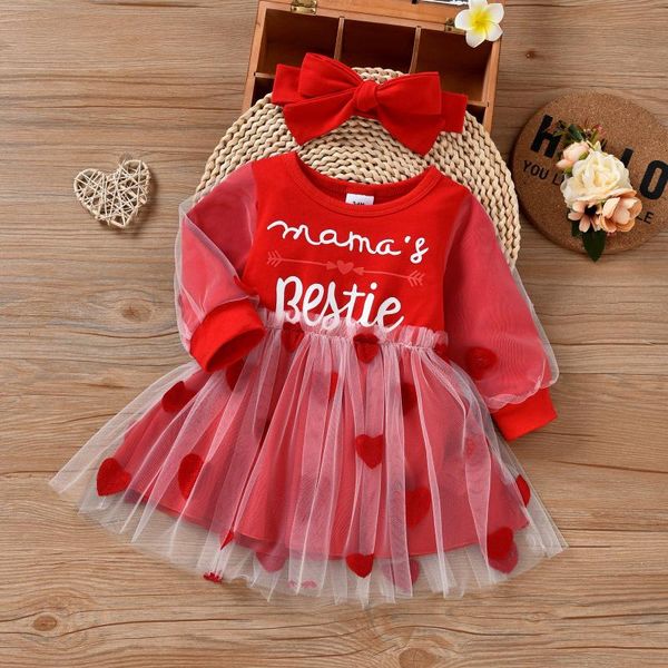 Abiti da ragazza Abito da bambina per San Valentino 2023 Vestiti per bambini a maniche lunghe Love Pattern Voile Stitching Fashion