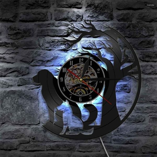 Orologi da parete Cani sotto l'albero Art Home Decor Orologio Cuccioli Silhouette Record Regalo vintage per gli amanti dei proprietari di cani