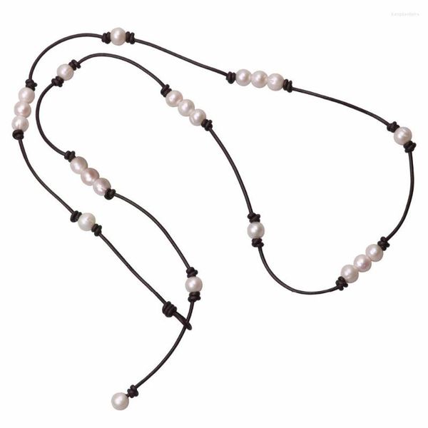 Catene lunghe da donna Collana in pelle di perle Gioielli con perline annodate Ragazze Perle bianche Costume fatto a mano Moda genuina