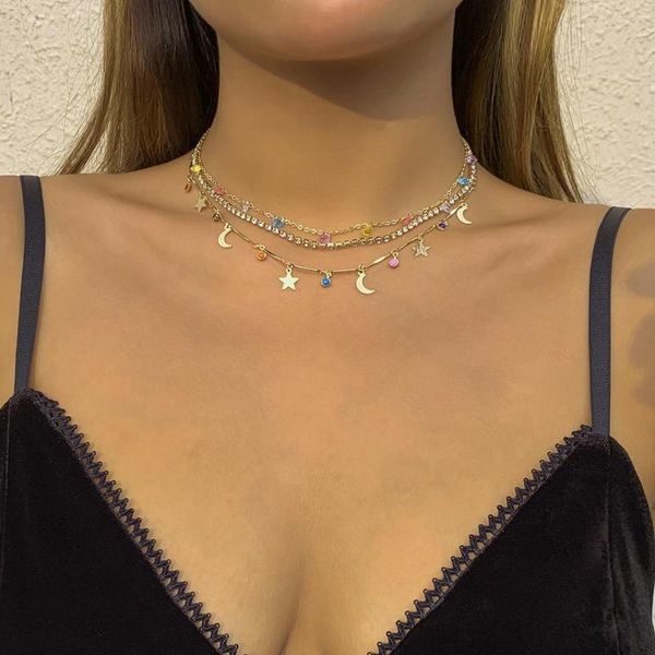 Choker Boho Layered Chain Mit Sternen/Mond Anhänger Halskette Für Frauen Trendy Strass Kurze 2023 Mode Hals Schmuck